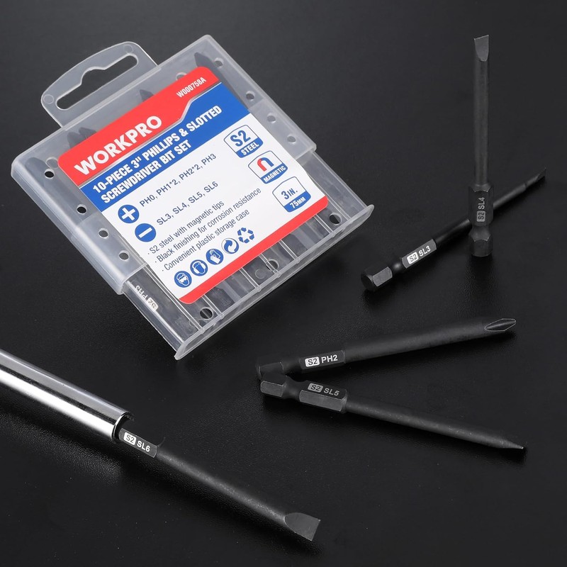 WORKPRO 10pcs Slotted Phillips Screwdriver Bit Set, S2 Steel Magnetic