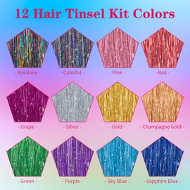 Hair Tinsel Kit Strands With Tool 47 Inch 12 Colors 2100 Strands Fairy Hair Tinsel Kit Hair Extensions Sparkling Glitter Shiny Silk Tinsel for Women Girls Hair for Christmas Decorations (12 colors)