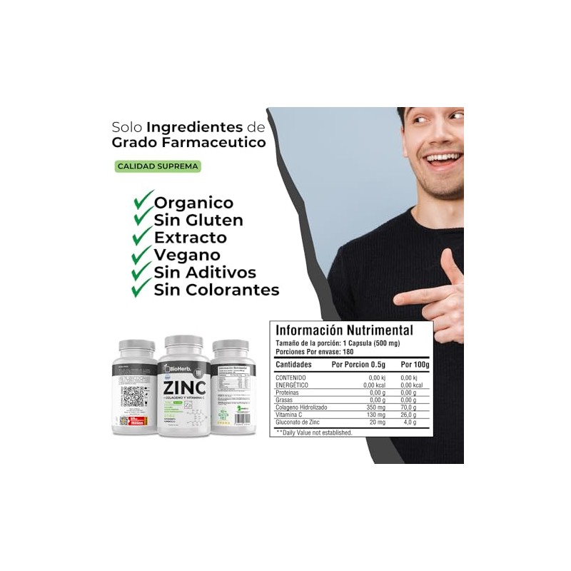 Bioherb Zinc Colageno Vitamina 180 Capsulas 500mg Extremadamente Eficaz Recuperacion