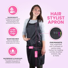 Hair Stylist Apron - Waterproof PVC Apron for Salon Professionals - Durable Protective Smock for Hair Cutting, Coloring, Nail Techs, Cosmetologists, and Dog Grooming (Black)