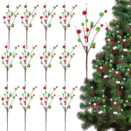 Hotop 12 Pcs 16 Inch Christmas Tree Picks Decorations Red Green Christmas Ornaments Xmas Floral Branches and Ball Picks Decoration for Holiday Tree Topper Decor (Classic)
