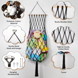 Stuffed Animal Storage Net, 68 Inch Jumbo Macrame Vertical Stuffed Animals Hammock Corner, Wall & Ceiling Hanging Stuffy Hammock Plushie Holder Display for Kids Boys Girls Boho Nursery Decor (Black)