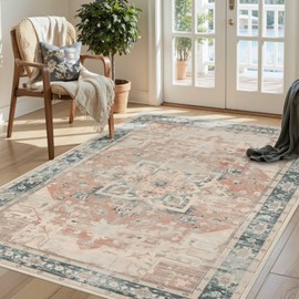 Rugxara 3x5 Washable Entryway Rug, Non Slip Boho Runner Rugs for Hallway, Entrance, Kitchen, Bathroom, Laundry Room, Soft Entryway Carpet, Throw Low Pile Retro Imitation Wool Carpet, Coral