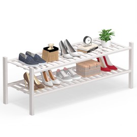 Haddockway Long 2 Tier Bamboo Shoe Rack Storage Organizer, Multifunctional Free Standing Stackable Shoe Shelf with Grid Panel for Closet,Hallway,Entryway,Small Space 34.2"x11"x13"