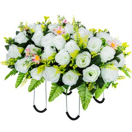 LaLamona Artificial Headstone Flower Saddle, Cemetery Flowers for Grave, Cemetery Saddles for Headstones, Memorial Grave Flowers for Cemetery Tombstone Headstone Decoration(White)