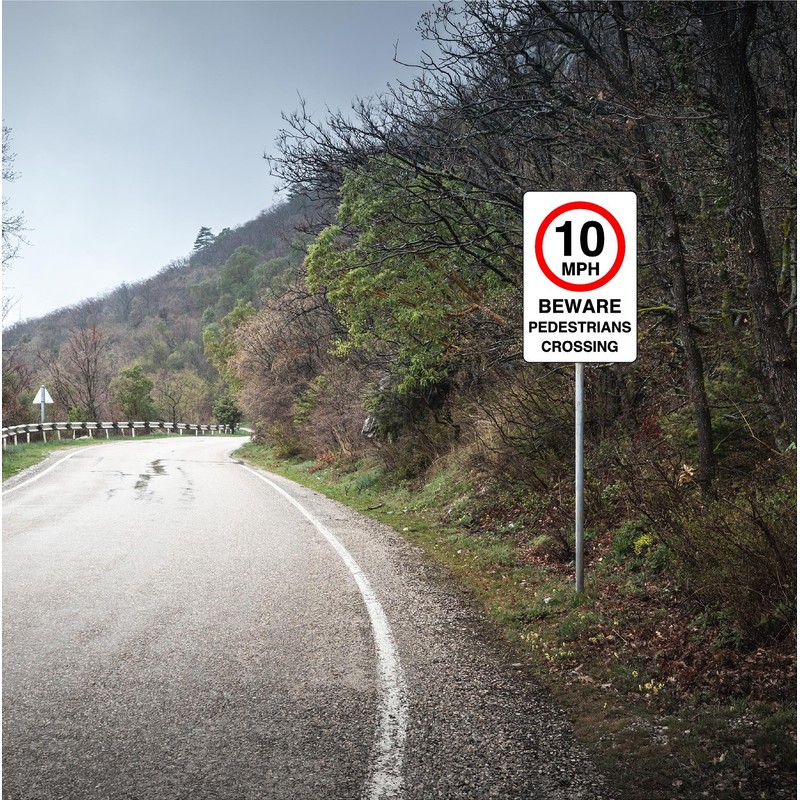10mph beware pedestrians crossing- 1.2mm Rigid plastic high-visibility and durability