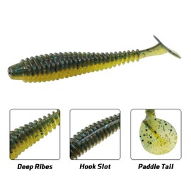 RUNCL ProBite Paddle Tail Swimbaits Dark Chartreuse, Soft Fishing Lures - Natural Oils, Ribbed Design, Paddle Tail, Hook Slot, Proven Colors - Bass Fishing Lures Baits 19 (3in, Pack of 30)