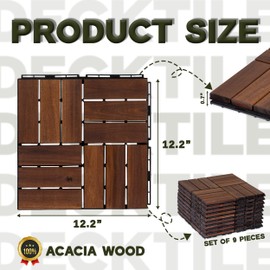 VICTORY RELAX Acacia Wood Flooring Interlocking Deck Tiles for Patio Decor 9 Pcs 12 Slats VR Brown - Waterproof Indoor & Outdoor Decor - Balcony Garden Decking Tile (12.24 * 12.24 * 0.75 inches)