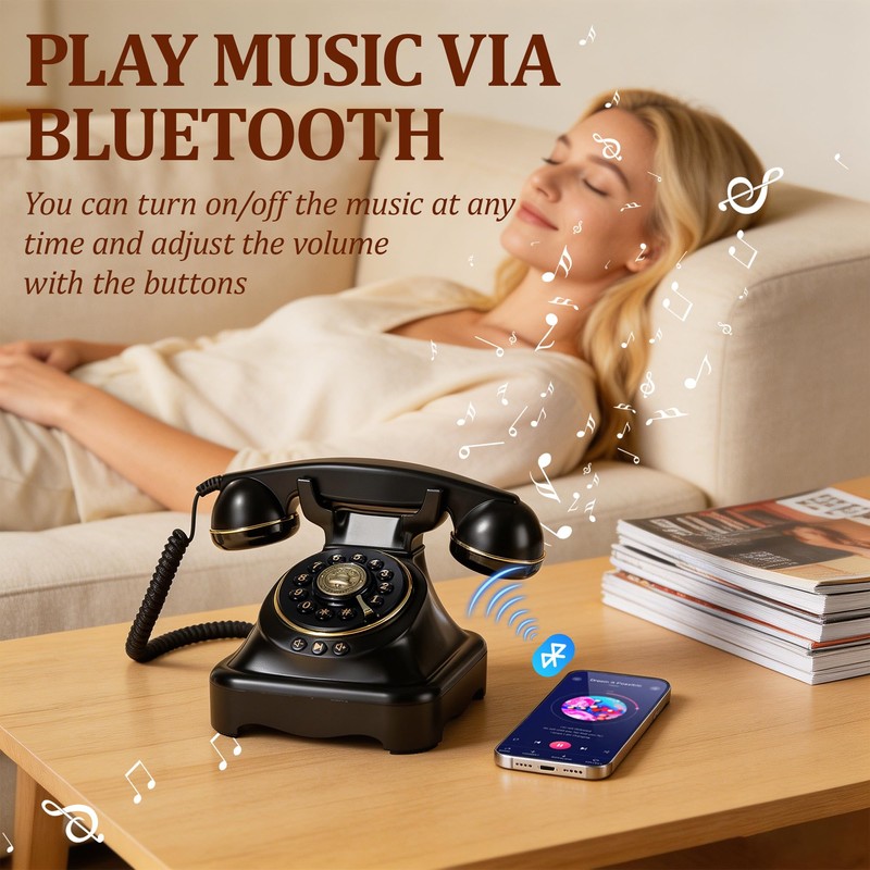 FiayaCom Bluetooth Landline Phone, Retro Rotary Phone with Speakerphone, Music