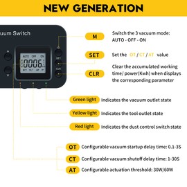 Automatic Vacuum Switch for Power Tools, Ortis Dust Control Autoswitch Delay Vacuum On/Off to Prevent Circuit Overload and Tripping, Monitor Power Parameters, Adjustable Actuation Threshold