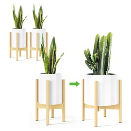 MUDEELA 2 Pack Adjustable Plant Stand Indoor, Bamboo Plant Stand 8 to 12 Inches, Single Floor Plant Stand for Indoor Plants, Natural Planter Stand for Indoor Plants, Pot Plant Not Included