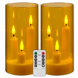 Da by LED Flameless Candles, Gold, Battery Operated with Remote and Timer, 3 Wicks Flameless Candles-2 Pack
