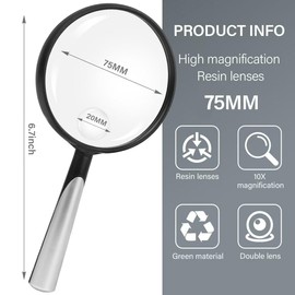 Feosky Handheld Reading Magnifier, 10X Magnifier, 75mm Shatterproof Lens, Non-Slip Handle for Adults Close Work, Seniors Reading and Halloween & Cosplay(Silver)