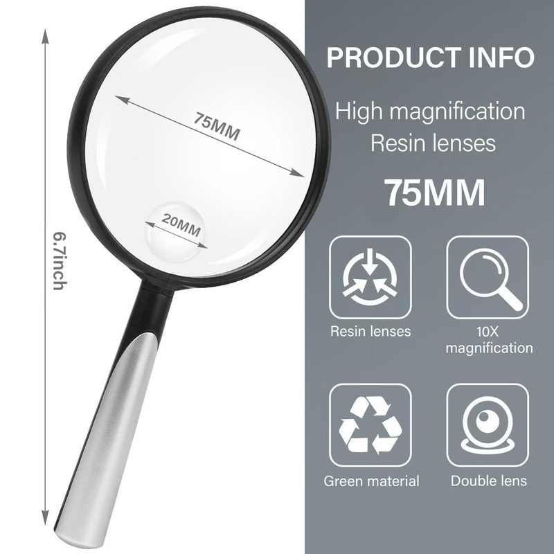 Feosky Handheld Reading Magnifier, 10X Magnifier, 75mm Shatterproof Lens, Non-Slip