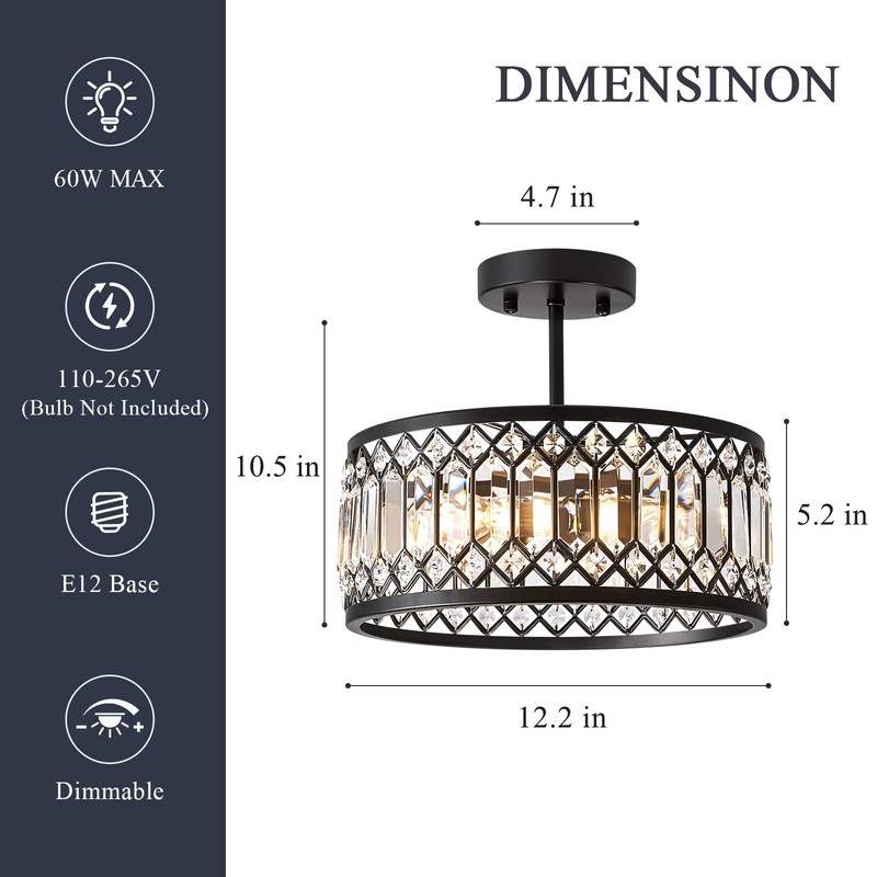 Pevfah Crystal Black Ceiling Light, Modern Semi Flush Mount Ceiling