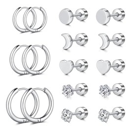 NIUSIMAN Hypoallergenic Flat Back Stud Earrings For Women CZ FlatBack Earrings Cartilage Earrings Hoops Tiny Screw Nap Stack Stud Surgical Stainless Steel Earring Sets Silver