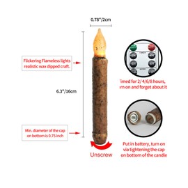 ONEIHOMM Flameless Primitive Candles with Timer Remote, Hand Dipped Real Wax Taper Candles for Vintage Decorations, Set of 12