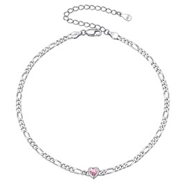 ChicSilver Heart Anklet for Women 925 Silver Figaro Chain Anklet, Also as a Bracelet, Boho Anklet with Birthstone for Beach, Foot Jewellery with Gift Box for Valentine's Day, Birthday, Mother's Day,