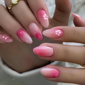 MERVF Press on Nails Almond Medium Pink Aura French Tip Fake Nails Gradient Ombre Glue ons Acrylic Nail Flower Design Manicure Glossy 24pcs