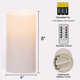 GenSwin Waterproof Outdoor Flameless Candles Battery Operated with Remote Timer, 4" x 8" Large LED Pillar Candles Flickering for Indoor Outdoor Lanterns, Long-Lasting, Waterproof (White, Set of 2)