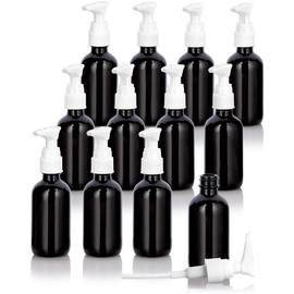 2 oz / 60 ml Black Glass Refillable Dispenser Empty Boston Round Bottle with White Lotion Pump (12 Pack)