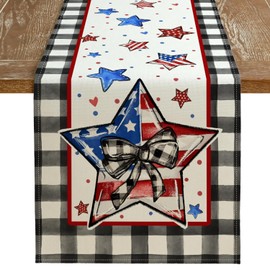 ARKENY 4th of July Memorial Day Table Runner 13x120 Inches, Star American Flag Holiday Farmhouse Buffalo Plaid Burlap Indoor Patriotic Independence Table Decor for Home Party AT616-120
