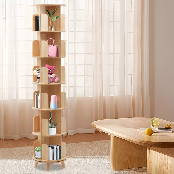 Rotating Bookshelf Cylindrical Wooden Book Rack 6 Tier Plants Storage