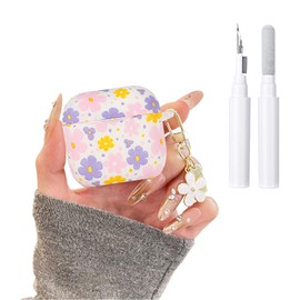 Reownest for AirPods 4th Generation (2024) Case with Cleaning Kit, Cute Colorful Flower Design Keychain Aesthetic Pattern Soft Headphone Case for AirPods 4 - Purple