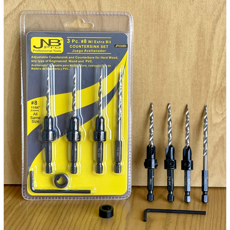 JNB Pro Countersink Drill Bit Set – 8 Tapered Countersink