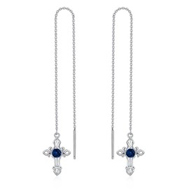 Sapphire Cross Threader Earrings 925 Sterling Silver Blue Sapphire September Birthstone Long Chain Earrings for Birthday Women Gifts