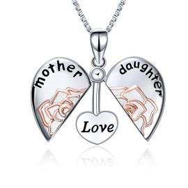 YAFEINI Sterling Silver Mother Love Daughter Locket Rose Flower Engraved Pendant Necklace Jewellery Gifts for Women Mother Daughter, Sterling Silver