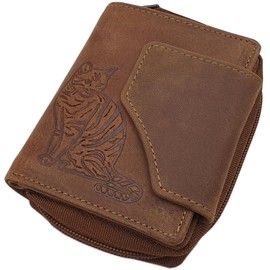 myledershop Small Buffalo Full Leather Women's Wallet / Purse / Purse in Portrait Format with Cat Motif and RFID & NFC Protection in Cognac, Cognac, Modern