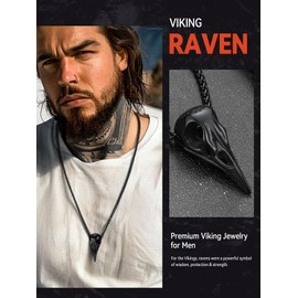 FaithHeart Viking Crow Necklace, Men's Viking Raven Skull Jewellery Stainless Steel, Gothic Bird Skull Gifts for Man Dad