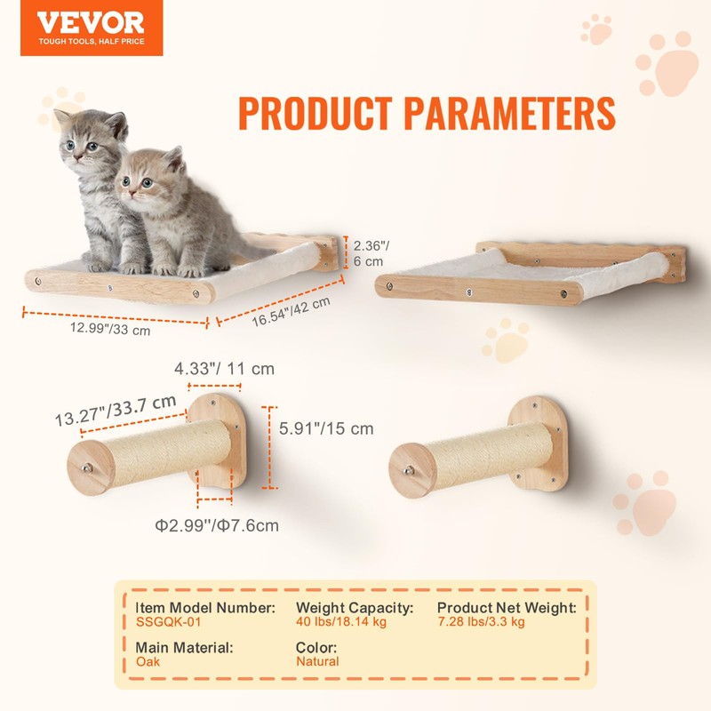 VEVOR Wall Mounted Cat Shelves, Perches with Jumping Posts &