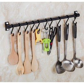 WONMILLE Gourmet Kitchen Utensil Rack with 6 Hooks, Wall Mounted Rail Wrought Iron Hanging Utensil Holder Rack with Removable S Hooks 16 Inch (Black-6 Hooks)