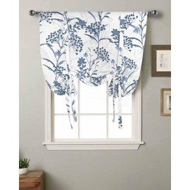 Blue Floral Plant Tie Up Curtains for Kitchen Bedroom Living Room Windows, Adjustable Tie-Up Shade Rod Pocket Curtain Valance Drape Grey Modern Minimalist White Floral Spring Summer 1 Panel, 52" x 45"