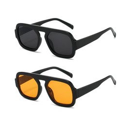 Azoxus Retro Square Sunglasses Women Men Designer Inspired Aviator Shades Flat Top Vintage Tinted Sun Glasses, 2 Pack of Yellow Lenses/Black Lenses, Large