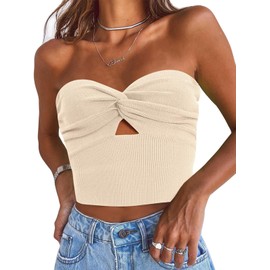 EFAN Womens Tube Tops Going Out Cut Out Twist Knot Front Bandeau Ribbed Knit Y2K Strapless Tank Bustier Corset Tops Beige S