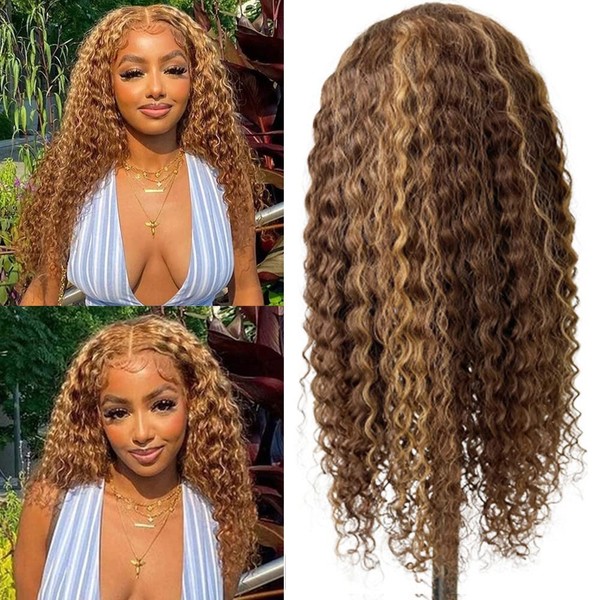 20inch Ombre Blonde Highlight Human Hair Wigs 13x4 Lace Frontal #4/27 Honey Blonde to Brown Deep Curly Brazilian Virgin Hair Lace Front Wigs Pre Plucked Hairline for Women 150% Density,Can be restyled