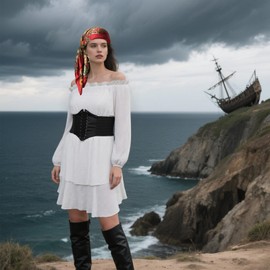 KATOLK Women Pirate Costume Dress with Corset Set - Off Shoulder Long Sleeve, Renaissance Outfit with Bandana