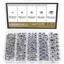 182 Pieces 304 Stainless Steel Lock Nuts, Kindroufly 5 Sizes Metric Locknuts, Nylon Insert Hex Lock Nuts Assortment Kit (M3, M4, M5, M6, M8)
