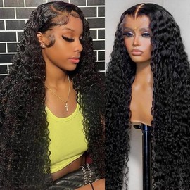 ZFUHWT Deep Wave Lace Front Wigs Human Hair 13x6 HD Lace 200% Density Pre Plucked with Baby Hair Deep Curly Human Hair Natural Color Wigs for Women 24 Inch