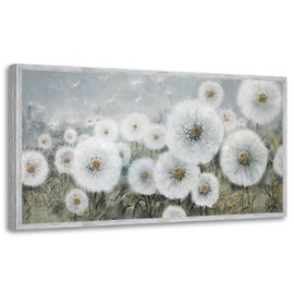 Ardemy Flowers Wall Art Canvas Dandelions White Gold Painting Landscape Floral Picture Hand Painted Textured Large for Living Room Bedroom Bathroom Home Office Decor, Large Wood Grain Framed 40"x20"