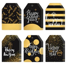 Konsait Happy New Year Gift Tags with String, 60 Pack 2025 Happy New Year Present Tags Pre-Punched, Gold and Black Design Holiday Gift Tag New Year Gift Wrapping Accessories, 2025 Gift Crafts Supplies