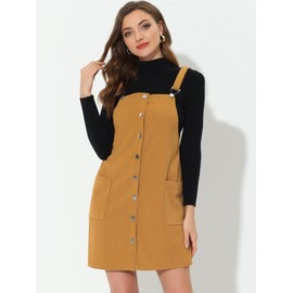 Allegra K Women's Corduroy Dress Adjustable Straps Button Down Pinafore Overall Dress with Pockets Medium Mustard