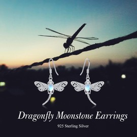 SIMONLY Dragonfly Earrings 925 Sterling Silver Moonstone Filigree Dangle Earrings Hypoallergenic Dragonfly Jewelry Christmas Birthday Gifts for Women Mom Her