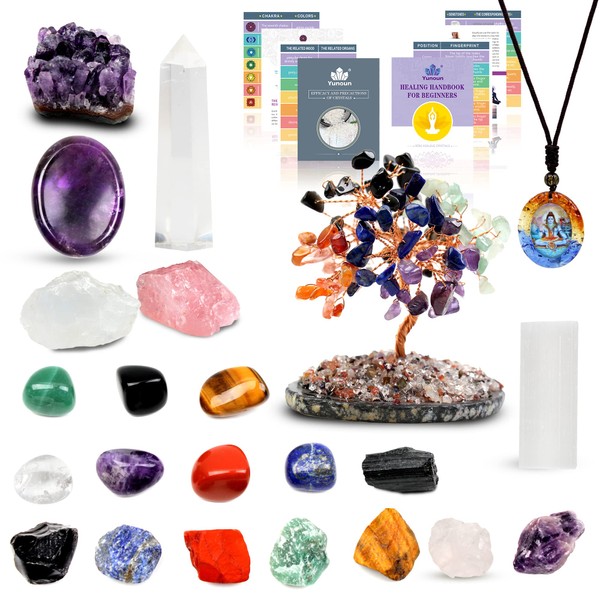 Yunoun Natural Healing Crystals and Chakra Stones Set with Amethyst Cluster, Thumb Worry Stone，Selenite，Crystal Tree, Tourmaline，Large Rose and White Crystal for Cleaning Healing Energy,Reiki