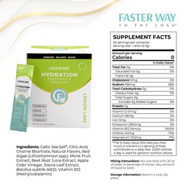 Faster Way - Hydration - Electrolyte Drink Mix - With Apple Cider Vinegar, Choline, Probiotics & Natural B Vitamins - Energize & Revive - Powder Packets - Zero Sugars -Gluten Free -Lemon Lime -30 Pack