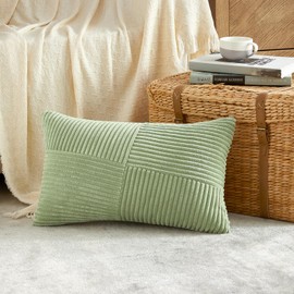 Fancy Homi Set of 2 Sage Green Boho Lumbar Rectangle Decorative Throw Pillow Covers 12x20 Inch with Diagonally Pattern for Couch Bed Sofa, Soft Corduroy Accent Modern Farmhouse Home Decor 30x50 cm