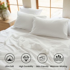 BISELINA 100% Washed Cotton Sheet Set King Size 4 Pieces Soft Breathable Durable Chic Bedding Set for All Season - Off White, King
